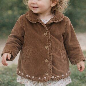 Janie and Jack Brown Corduroy Jacket 12-18M | Ruffle Collar, Floral Hem